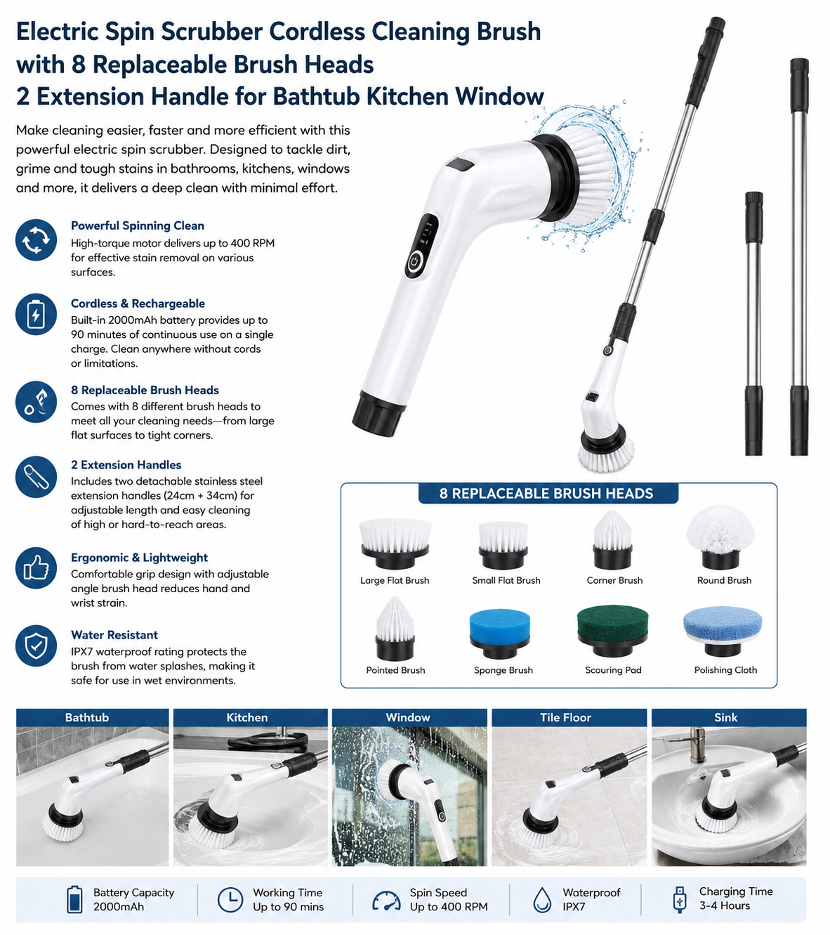 Electric Spin Scrubber Cordless Cleaning Brush with 8 Replaceable Brush Heads 2 Extension Handle for Bathtub Kitchen Window